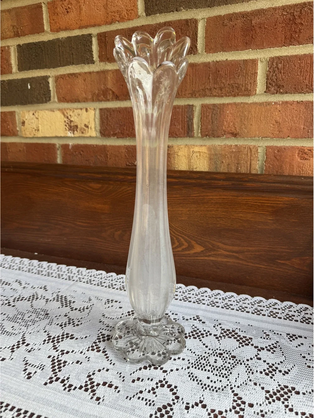 Vintage Clear Swung Glass Bud Vase with Scalloped Top and Floral Base